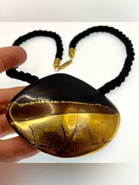Vintage 80s Black Gold Statement Necklace Bold Sculptural Art Pendant Rope Cord